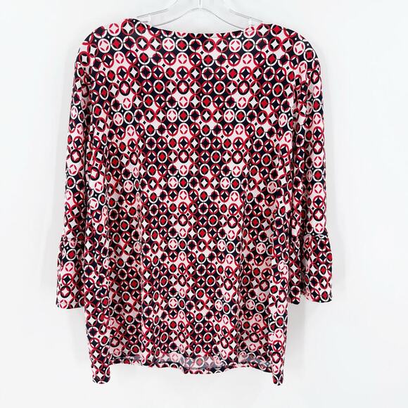 Ruby Rd. Red & Black Retro Geometric Bell Sleeve Blouse Women's Size Small - Picture 2 of 7